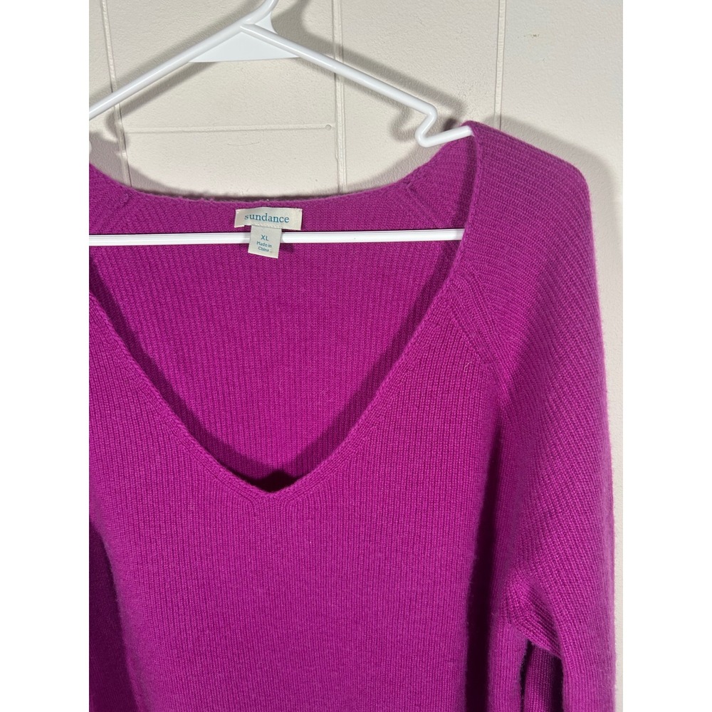 Sundance 100% Cashmere Ribbed V-Neck Sweater Magenta Purple XL RN106205 - Picture 2 of 6